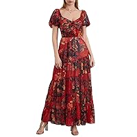 Women's Summer Boho Midi Dress Highwaist Short Sleeve V Neck Bohemian Floral Print Long Maxi Dresses (Boho Red, M)