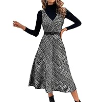 Women's Dress Dresses for Women Plaid Tweed Sleeveless Dress Without Belt (Color : Black, Size : X-Small)