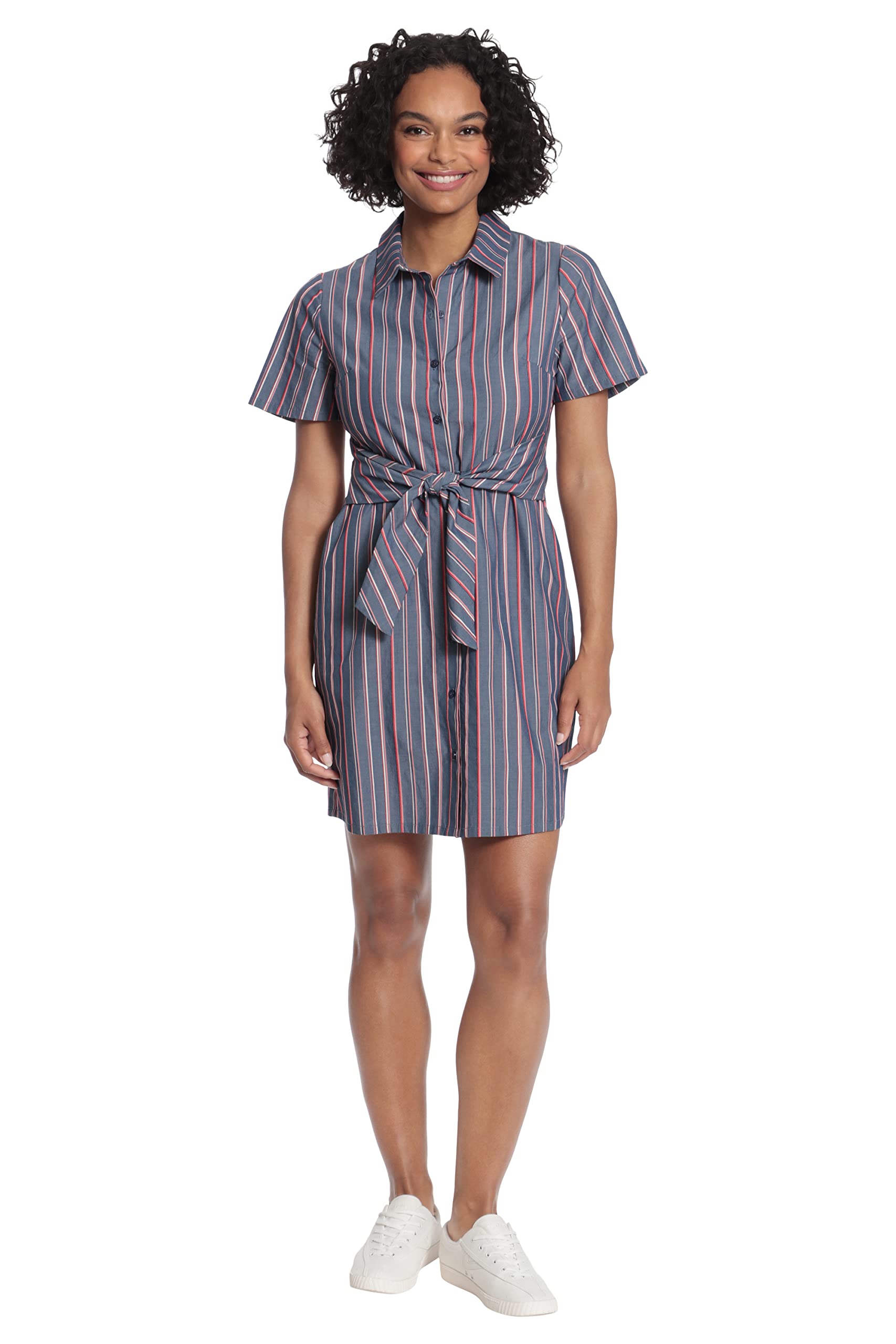 London Times Women's Short Sleeve Shirt Dress with Waist Tie