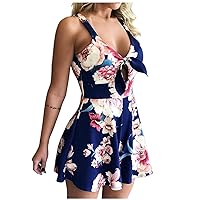 Women's Jumpsuits Floral Print Spaghetti Straps Sleeveless V Neck Front Tie Knot Rompers Backless Ruffle Hem Short Jumpsuit