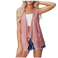 Sleeveless Eyelet Cardigans for Women Casual Summer Open Front Vest Loose Fit Flowy Blouses Tops with Pockets