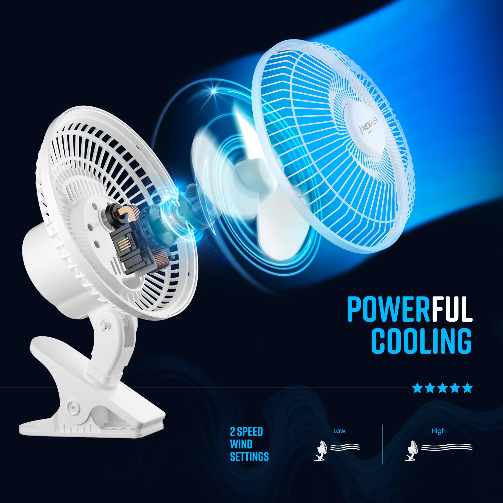 NEXAIR 6-Inch Clip on Fan, 360° Rotation, Two Speed Portable Clip Fan With Strong Clamp Grip, Quiet Operating Desk Fan Made Of Durable Material, Great For Bedroom, Office, Living Room