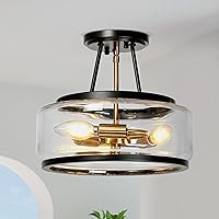 Semi Flush Mount Ceiling Light, Black and Gold Modern Close to Ceiling Lights, 3 Light Mid-Century Ceiling Light Fixtures Clear Glass for Bedroom, Kitchen, Entryway