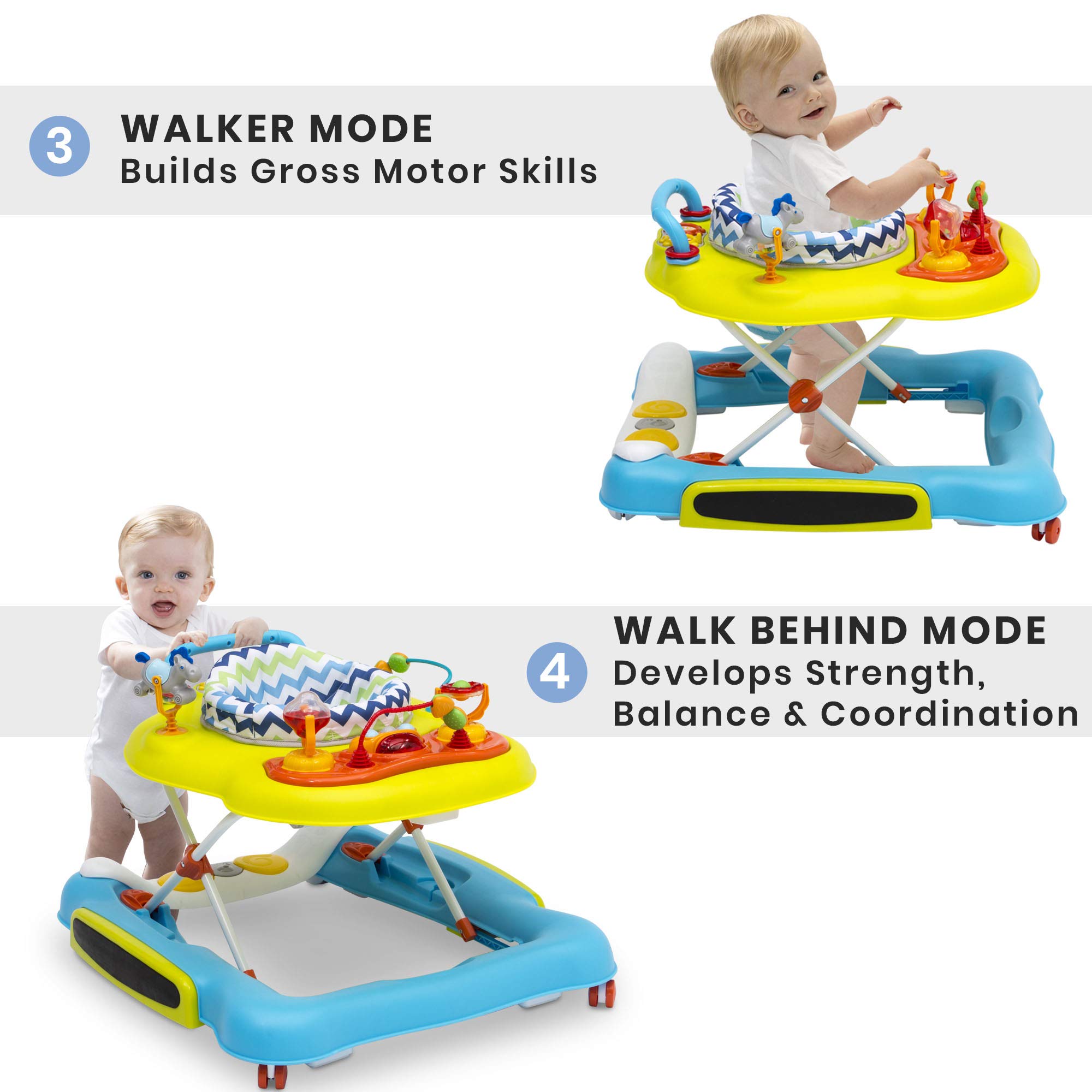 Delta Children 4-in-1 Discover & Play Musical Walker - Features 360 Degree Swivel Seat, Rocker and Walker Mode, Step-to-Play Music, Machine-Washable Seat, Blue/Green