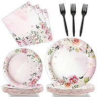 96 Pcs Floral Party Plates and Napkins Party Supplies Pink Spring Flower Theme Party Tableware Set Watercolor Floral Tea Party Decorations Favors for Bridal Baby Shower Serves 24