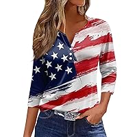 Women's 2024 4th of July Women's T-Shirt American Flag Colorful T-Shirt Women's Shirt Patriotic Shirt 3/4 Sleeve V-Neck Top