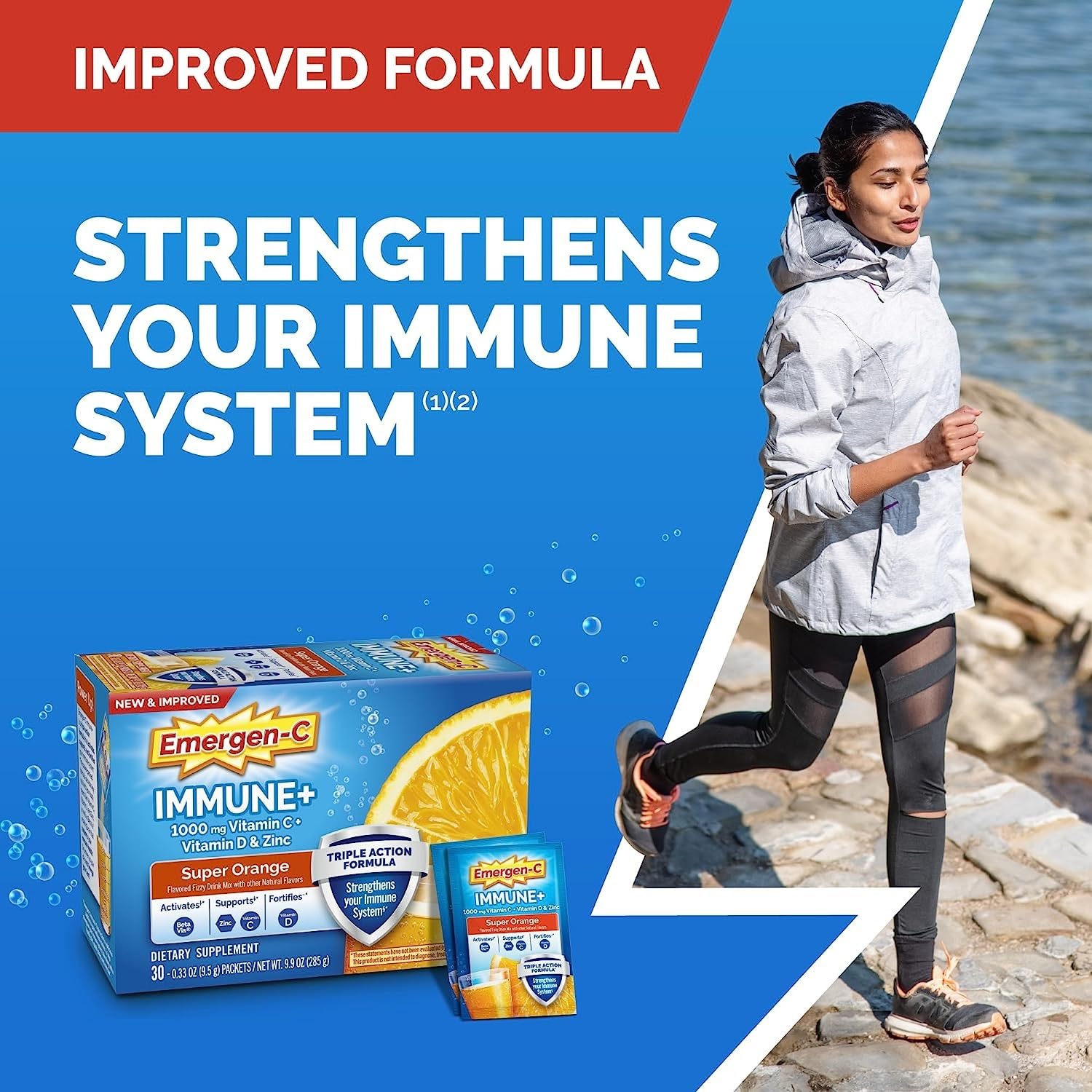 Emergen-C Immune+ Triple Action Immune Support Powder, BetaVia (R), 1000mg Vitamin C, B Vitamins, Vitamin D and Antioxidants, Super Orange – 30 Count