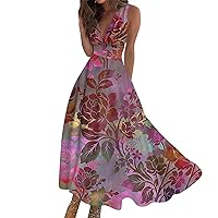 Boho Waist Retraction Printed Women's V Neck Outdoor Sleeveless Maxi Dress Ladies Waist Retraction 2024 Long Dress