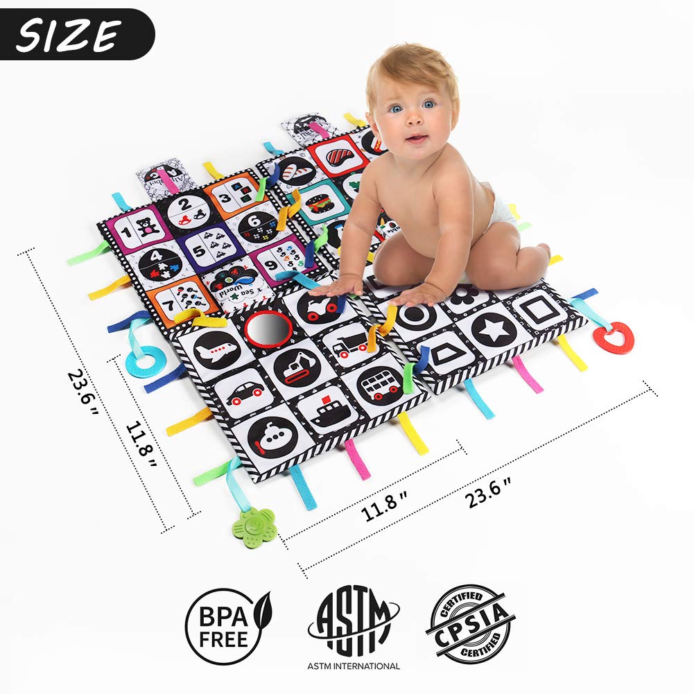 teytoy Tummy Time Floor Mirror, Double High Contrast Play and Pat Activity Mat Black and White Baby Crinkle Toys with Teether, Great Gift for Infants Boys and Girls -Pack of 4