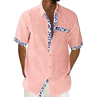 Floral Panel Holiday Aloha Shirts for Men Lapel Front Pocket Short Sleeve Button Down Top Summer Beach Thin Cuban Shirt