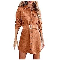 Women's Body Con Dress Solid Color Lace Pocket Corduroy Long Sleeve Shirt Dress Casual Summer Dresses