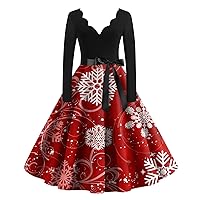 Christmas Dresses for Women,Plus Size Sexy V-Neck Retro Dresses Ugly Xmas Snowman Print Long Sleeve Party Dress 2023