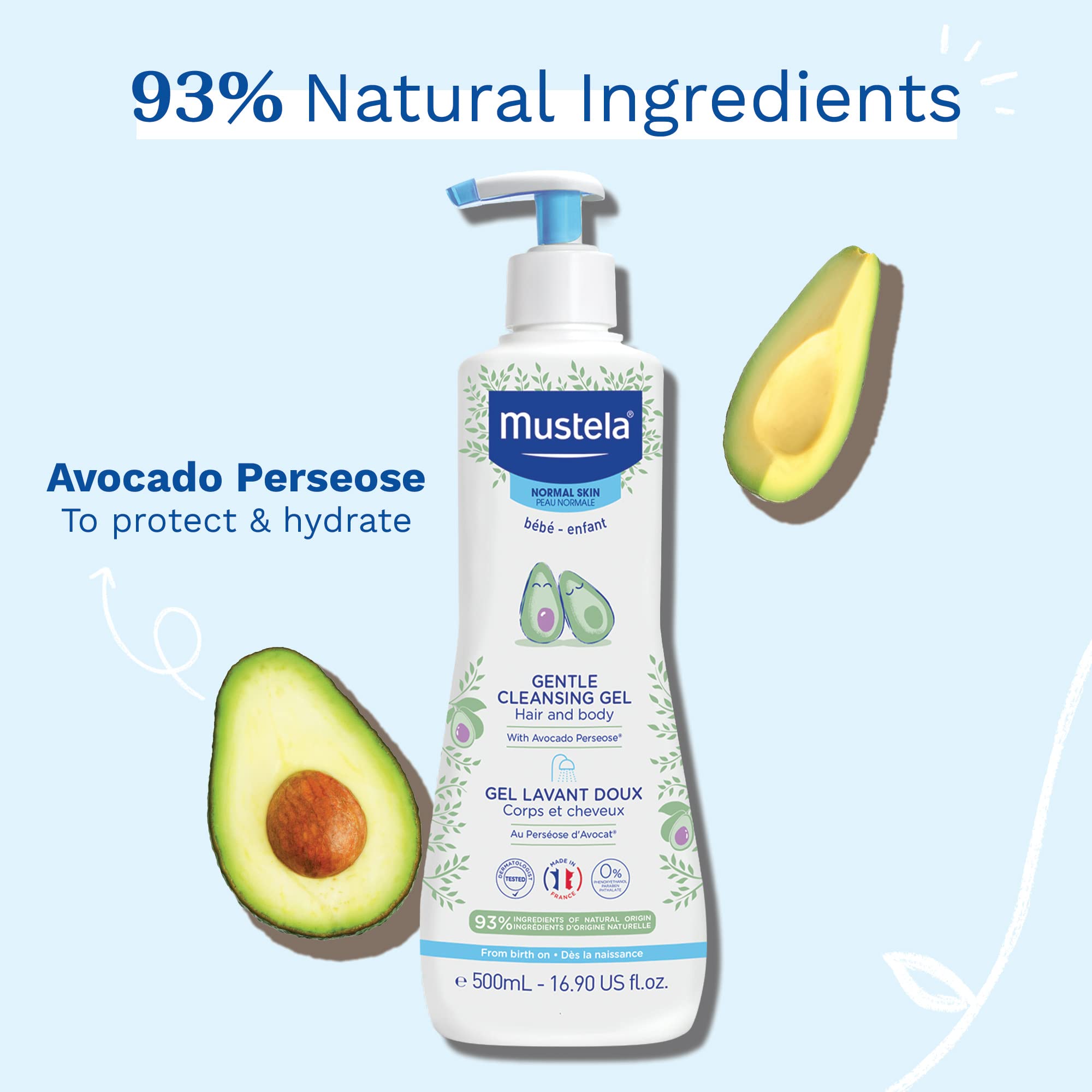 Mustela Baby Gentle Cleansing Gel - Baby Hair & Body Wash - with Natural Avocado fortified with Vitamin B5 - Biodegradable Formula & Tear-Free - 1 or 2-Pack - Various Sizes