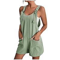 Womens Button Down Jumpsuits Lace Up Solid Color Rompers Suspender Shorts Overalls Casual Outfit with Pockets