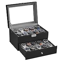 SONGMICS 20-Slot Watch Box, Watch Case with Glass Lid, 2 Layers, Lockable Watch Display Case, Black Synthetic Leather, Gray Lining UJWB006