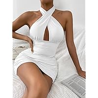 Dresses for Women - Crisscross Front Peekaboo Open Back Bodycon Halter Dress (Color : White, Size : Large)