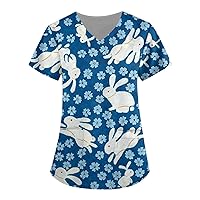 Women Easter Printing V-Neck T Shirts Comfortable Loose Summer Tees 2023 Short Sleeve Working Pocket Tops Blouse