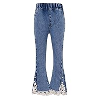 Kids Girls Floral Lace Trim Denim Pants Elastic Waist Flared Jeans Youth Slim Fit Pull On Leggings Jeggings Trousers