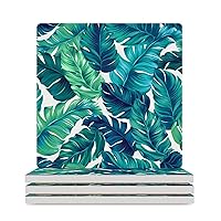 Tropical Palm Leaves Ceramic Coaster with Cork Bottom Absorbent Drink Coasters Great Gift for Housewarming Room Decor Bar Square 3.7 Inches 4PCS