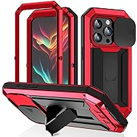 Case for iPhone 15/15 Pro/15 Plus/15 Pro Max, Metal Bumper Silicone Case with Sliding Camera Lens Cover & Kickstand & Screen Protector, Military Shockproof Rugged Case,Red,iPhone15 ProMax