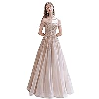 Women's Off-Shoulder Beaded Sequins Lace-up Tulle Evening Dress