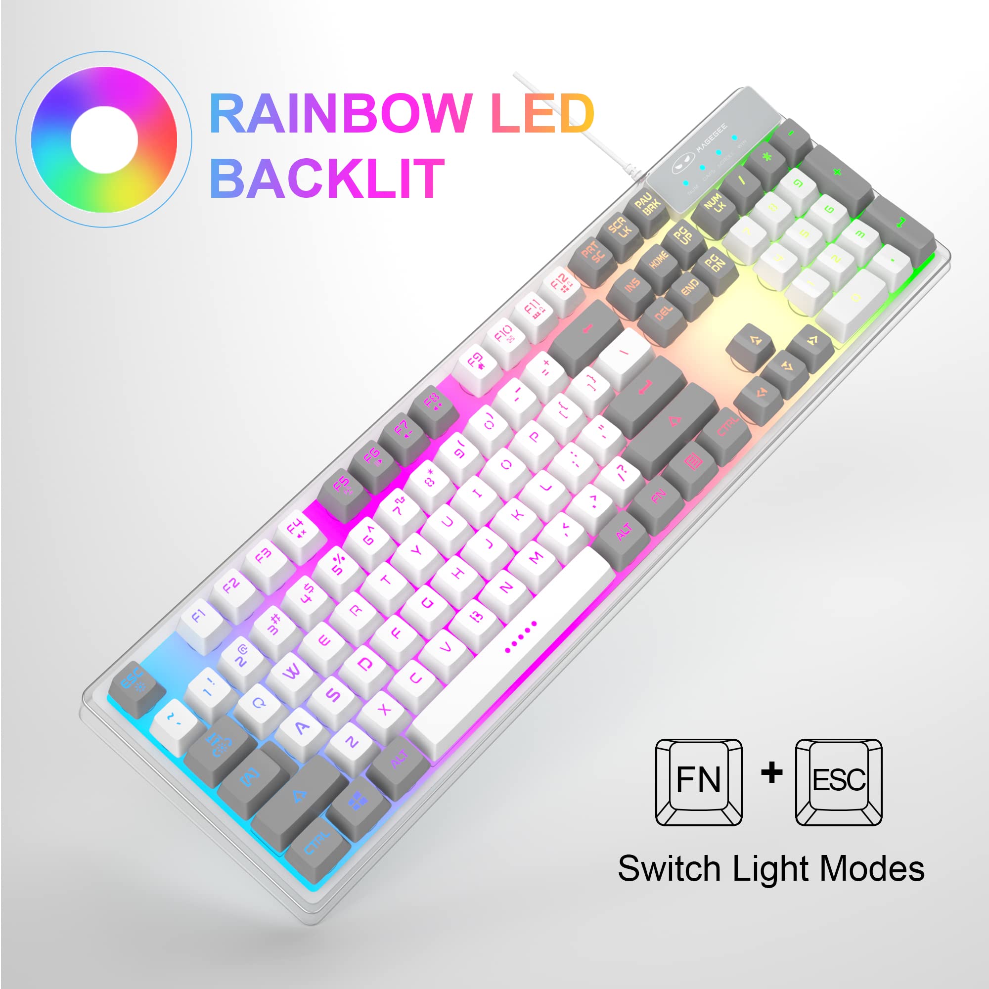 MageGee Gaming Keyboard and Mouse Combo, K1 LED Rainbow Backlit Keyboard with 104 Key Computer PC Gaming Keyboard for PC/Laptop(Gray & White)