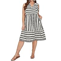 Plus Size Dress for Women Geometric Striped A-Line Sleeveless Tank Dress Summer Casual Beach Sundress with Pocket