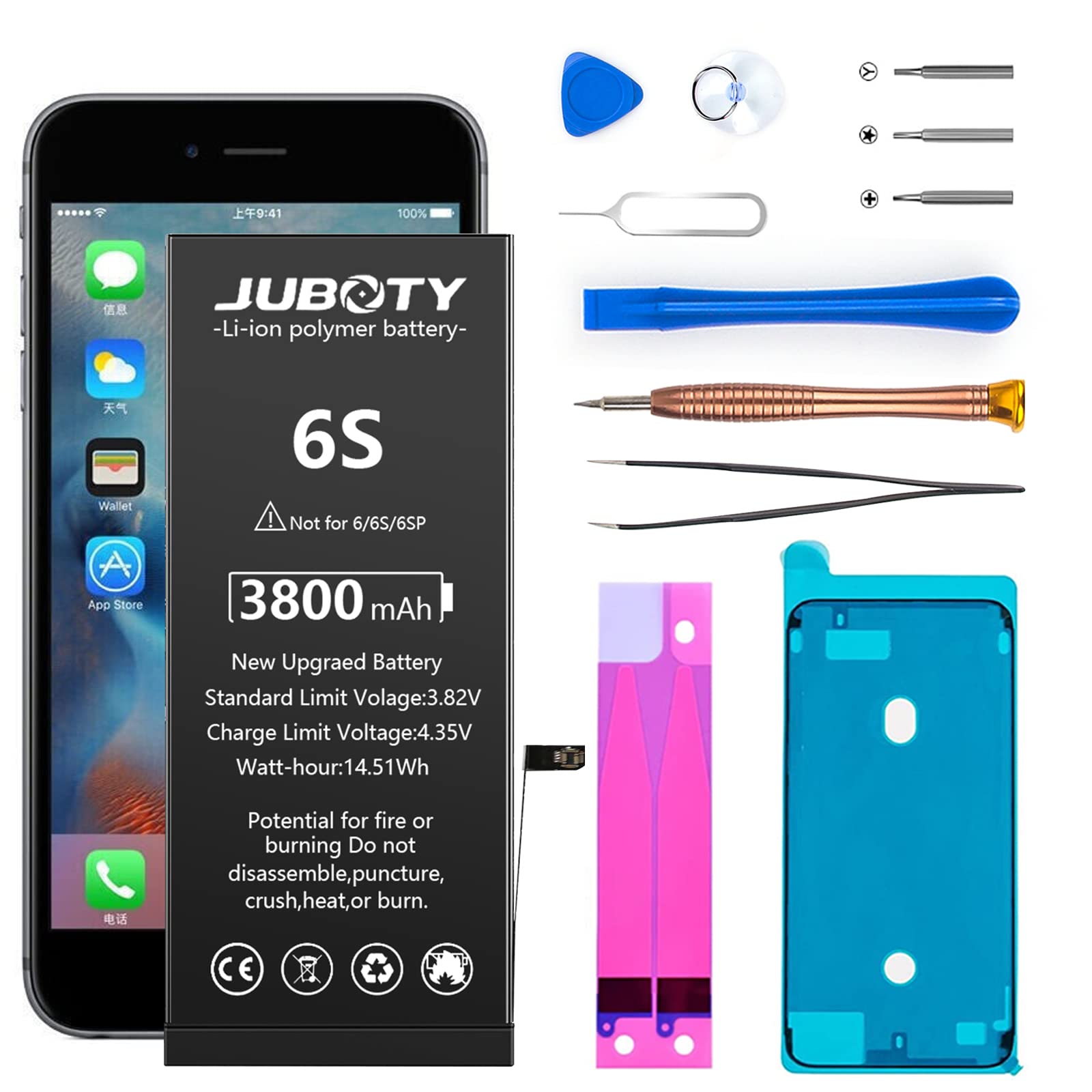 JUBOTY Battery for iPhone 6s 3800mAh, Li-ion New 0 Cycle Internal New Upgrade High Capacity Battery Replacement for iPhone 6S Model A1633 A1688 A1700 with Professional Repair Tool Kit