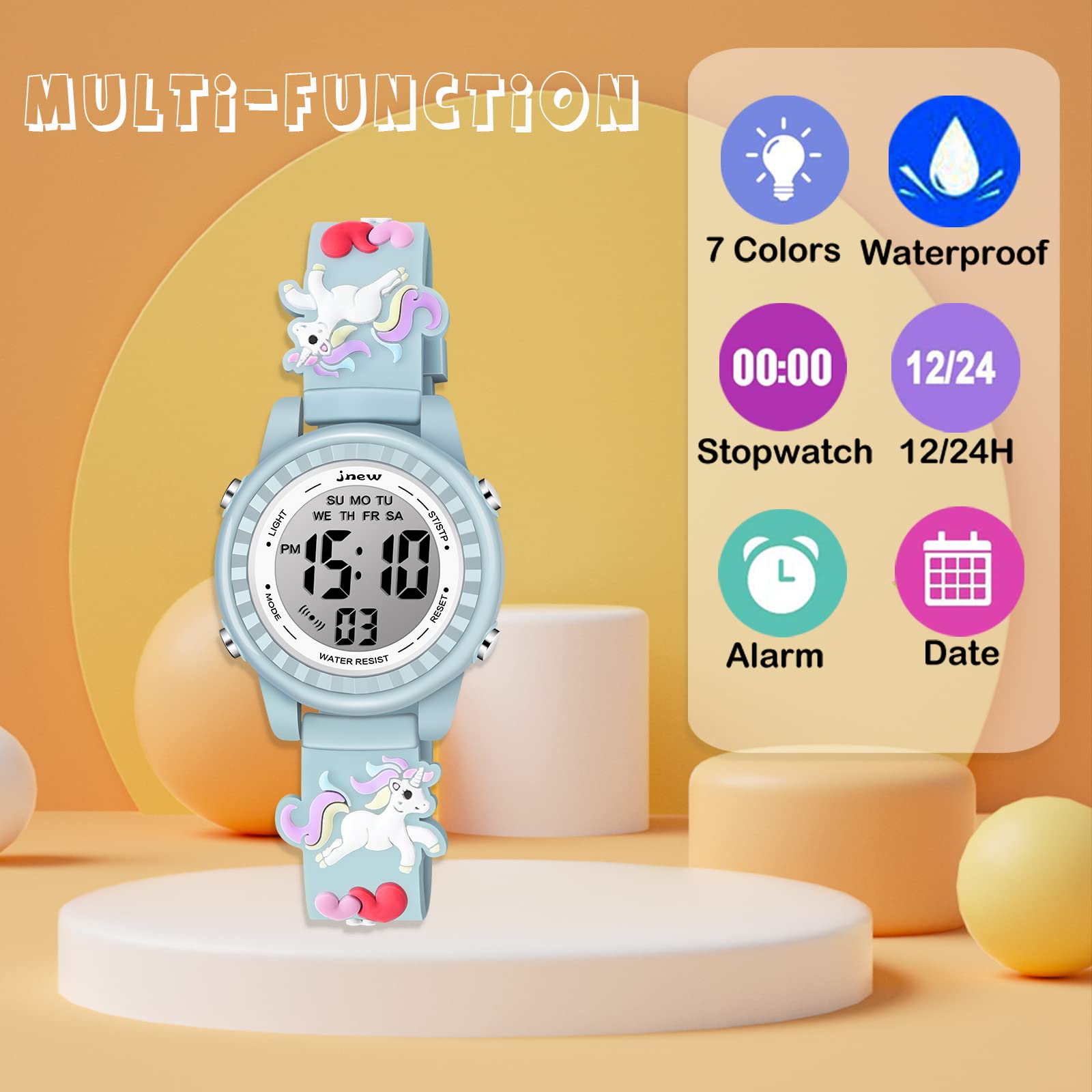 Venhoo Kids Watches 3D Cartoon Waterproof 7 Color Lights Toddler Wrist Digital Watch with Alarm Stopwatch for 3-10 Year Girls Little Child