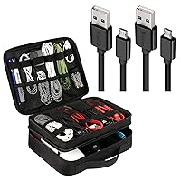 Matein Electronics Organizer & Micro USB Cable Bundle | Waterproof Travel Electronic Accessories Case Portable Double Layer Cable Storage Bag & 10Ft 2Pack Extra Long Micro USB Fast Charger Cord