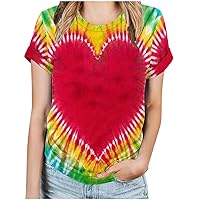 Love Herat Tie Dye T Shirts Women 2024 Summer Short Sleeve Rainbow Tee Tops Funny Print Casual Loose Fit Tredny Tops