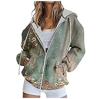 Teen Girls Zip Up Hoodies Women Oversized Sweatshirt Graphic Print Y2K Cute loose tops Fall Casual Drawstring Jacket