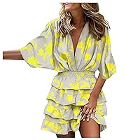 Casual Dresses for Women Cap Bell Sleeve Plunging V Neck Layer Ruffle Hem A Line Swing Casual Short Mini Dress