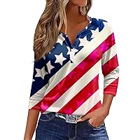 Women's 4Th of July Shirts Tee Print Button 3/4 Sleeve Daily Weekend Fashion Basic V Neck Regular Top Outfits