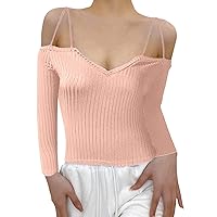 XJYIOEWT Silk Tops for Women Women Sexy V Neck Solid Color Off Shoulder Slim Fit Long Sleeve Sling Knit Top Cotton Blen