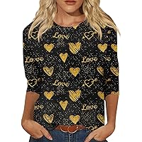 Valentines Day Shirts, Long Sleeve Blouses for Women 2023 Outfits for Women Women's Fashion Casual Seven Sleeve Valentine's Day Printed Round Neck Top Grey T Shirts for Women (4-Gold,S)