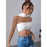 Women's Tops Sexy Tops for Women Women's Shirts Halter Neck Crop Knit Top (Color : White, Size : Medium)