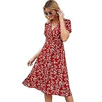 Dresses for Women Floral Print Wrap Belted Dress (Color : Red, Size : Large)