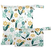 visesunny Flower Bee 2Pcs Diaper Changing Totes Wet Bags with Zippered Pockets Washable Reusable Roomy Cloth Diaper for Travel,Beach,Daycare,Stroller,Dirty Gym Clothes,Wet Swimsuits,Toiletries