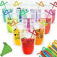 100 Pcs Drink Pouches for Adults, Funny Text Juice Pouches for Adults Teens Party Beverage Bags, Reusable Novelty Drink Pouches with Straw Funnel for Cold & Hot Drinks (100 Pack,10 Styles)