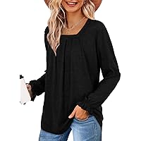 Dofaoo Womens Fall Tops Long Sleeve Shirts Square Neck Blouses Pleated Front（S-3XL