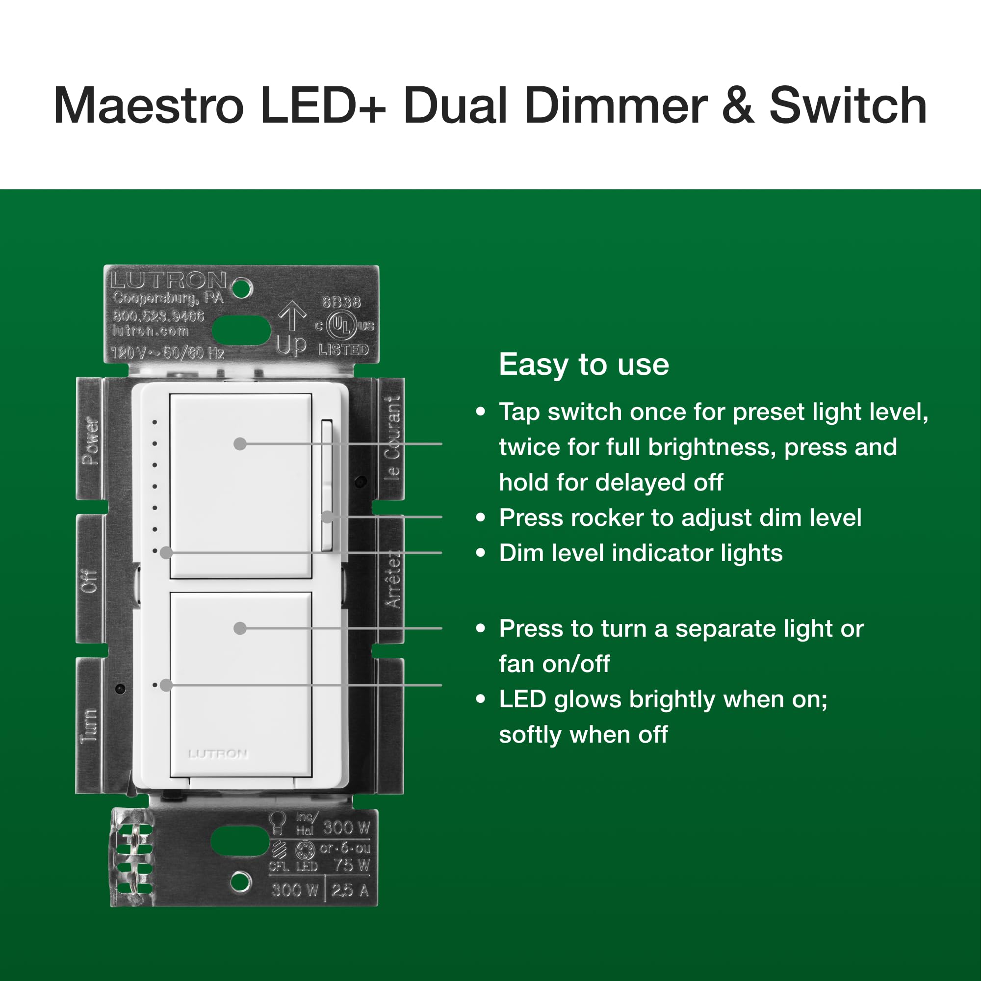 Lutron Maestro LED+ Dual Dimmer and Switch | 75-Watt LED Bulbs/2.5A Fans, Single-Pole | MACL-L3S25-WH | White