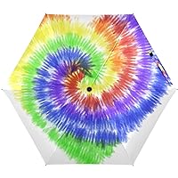 Tie Dye Rainbow Color Heart Folding Umbrella for Rain Sun Travel Mini Lightweight Compact Umbrellas