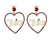 Juicy Couture Goldtone and Red Glass Stone Heart Drop Logo Earrings