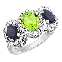 PIERA 10K White Gold Natural Peridot & Quality Blue Sapphire 3-stone Mothers Ring Oval Diamond Accent, sz5-10