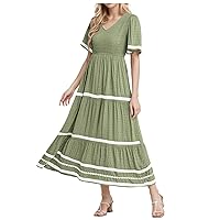 Tennis Dress,Women Summer Dresses Short Sleeves V Neck Maxi Dresses Solid Color Boho Long Dresses Woman Dresse