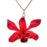 NOVICA Handmade 22k Gold Accented Natural Orchid Pendant Necklace Redpurple Leaf No Stone Thailand Floral 'Starry Flower'