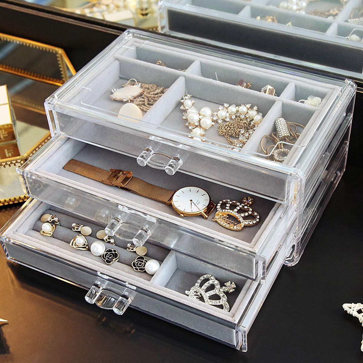 Acrylic Jewelry Box 3 Drawers, Velvet Jewellery Organizer, Earring Rings Necklaces Bracelets Display Case Gift for Women, Girls