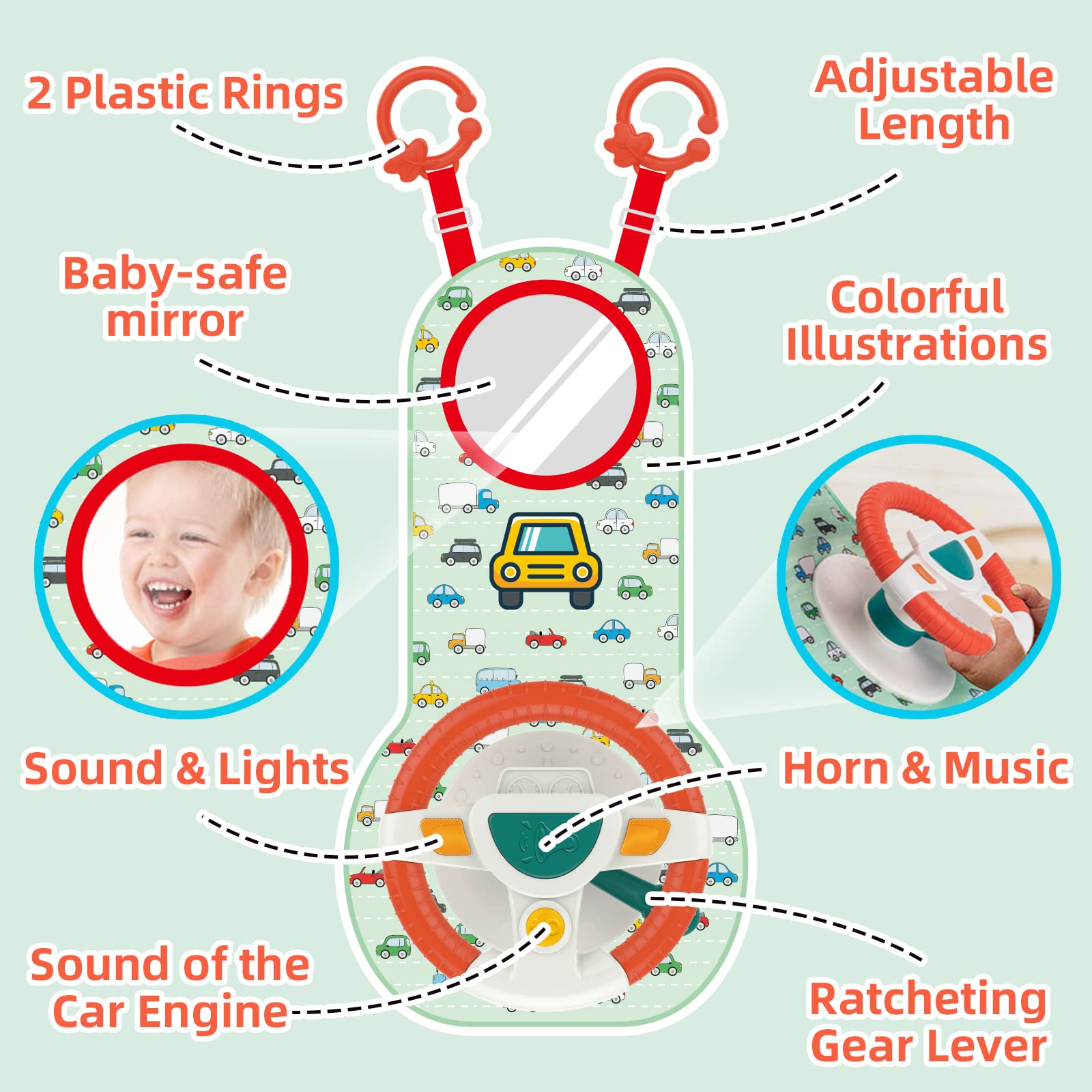 COVTOY Baby Car Seat Toys for Infants with Mirror Carseat Toys Steering Wheel with Music Lights Driving Sounds Car Seat Toy for Babies 6 to 12 Months Develops Emotional Intelligence Senses Motor Skill