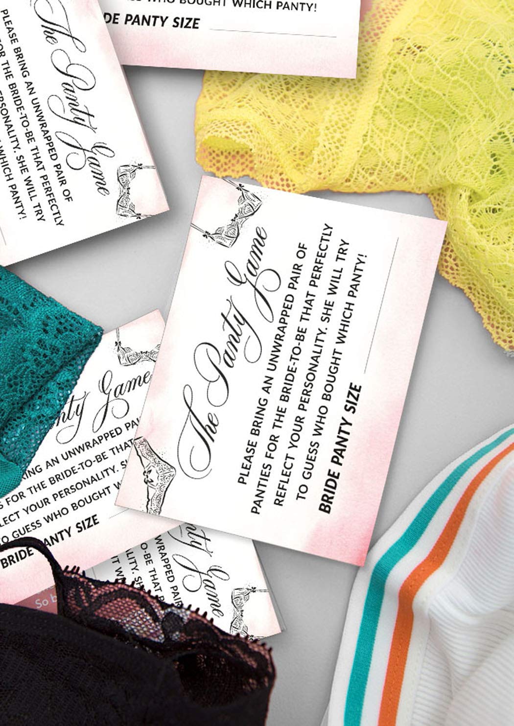 Inkdotpot Girls Night Out Bachelorette Party Panty Game Lingerie Shower Bridal Shower Game 1 Sign + 30 Size Cards White
